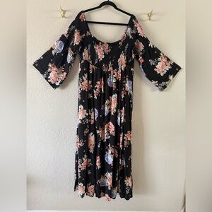 Torrid Off Shoulder 3/4 Bell Sleeve Dark Floral Maxi Dress Size 4X Empire Waist